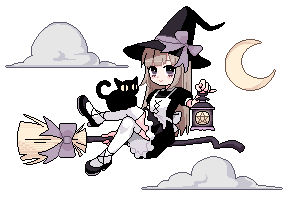 witch floating on a broom with a black cat, she's wearing purple, white and black.