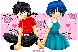 pixel doll of ranma and akane from ranma 1/2 they are sitting side by side holding hands ranma is blushing