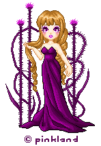pixel doll of a woman with blonde hair and a long formal purple gown, there are long purple plants behind her with thorns with magenta blooms on the top of each stalk