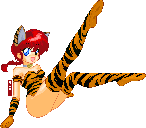 pixel doll of ranma's female form from ranma 1/2 they are wearing a leopard printed corset with matching leopard ears