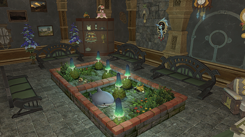 This client in Zalera liked what he had, but also wanted something different. For this upstairs I took all of his clocks, which he is very proud of, and put them on full display. I also made him a whimsical pond with a touch of tonberry, since my client loves tonberries!