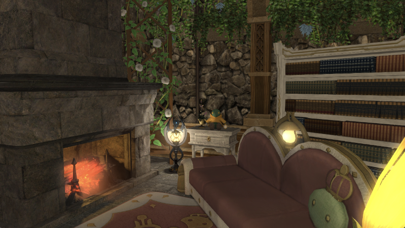 For this side room I wanted to make a cozy reading nook. This client from Zalera loves tonberries so I made sure to use some of the Tonberry items!