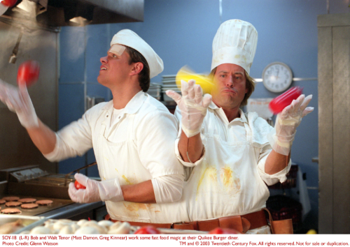 Matt Damon and Greg Kinnear as Bob and Walt grilling up some burgers