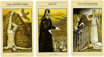 The Hanged Man, Death, and Ten of Swords cards from the Mythic Tarot