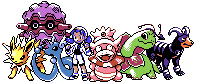 sprites from pokemon crystal, from left to right:jolteon, dragonair, female playable character, slowking, meganium, and houndoom