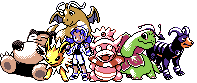 sprites from pokemon crystal, from left to right:snorlax, jolteon, dragonite, female playable character, slowking, meganium, and houndoom
