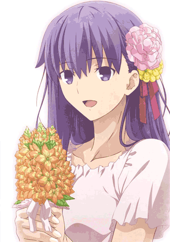 Sakura holding a bouqet of flowers