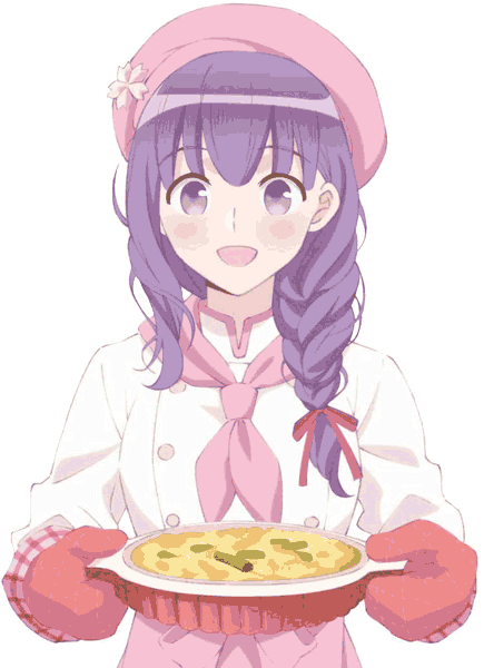 sakura in a chef's outfit holding a dish